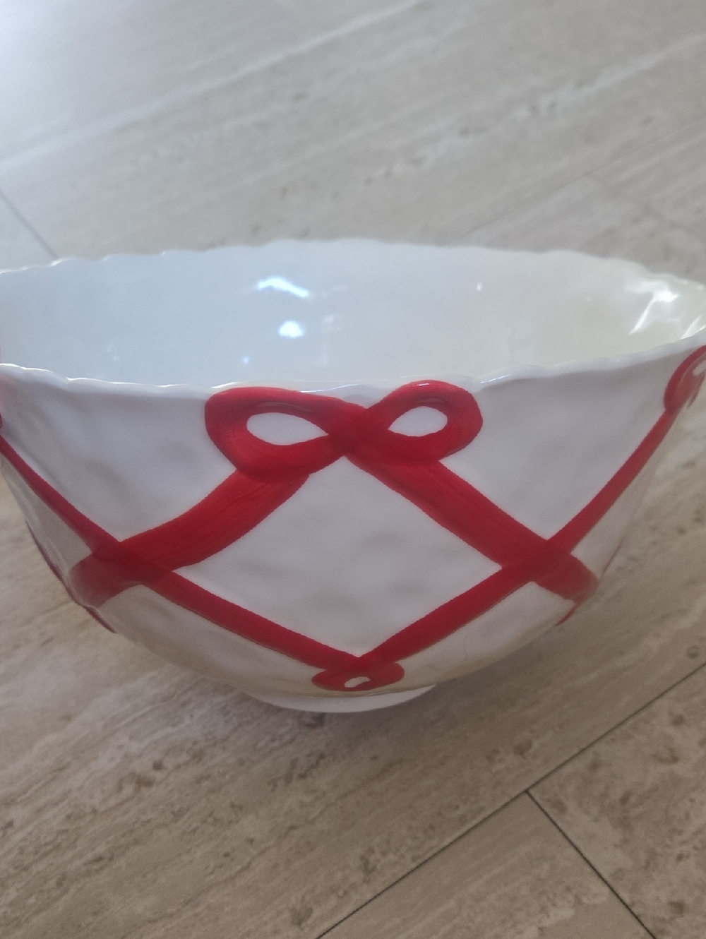 Anthropologie Large White/Red Ribbon Accent Serving Bowl